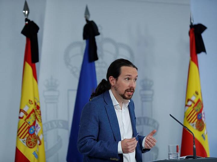 Pablo Iglesias vom Linksbündnis Unidas Podemos bei einer Pressekonferenz zum Grundeinkommen.