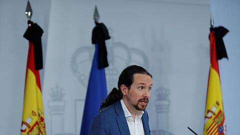 Pablo Iglesias vom Linksbündnis Unidas Podemos bei einer Pressekonferenz zum Grundeinkommen.