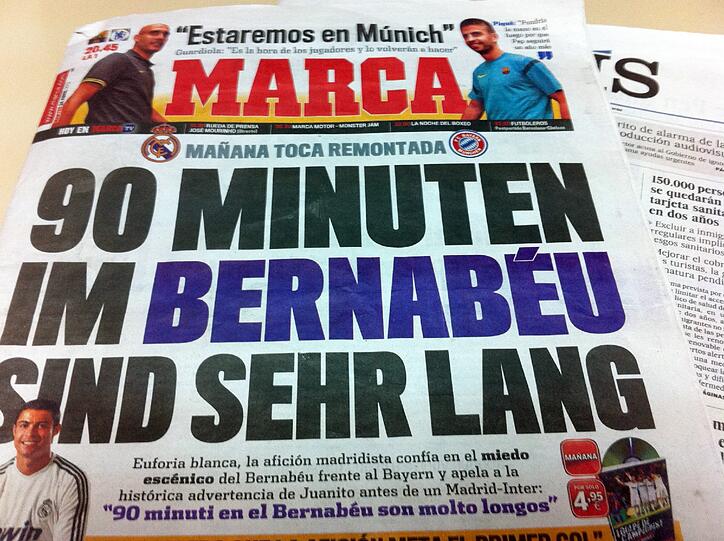 "90 Minuten sind sehr lang", titelt die spanische Sportzeitung "Marca" am Dienstag. In ihnen erhofft sich Real Madrid, die 2:1-Niederlage gegen den FC Bayern vom Hinspiel wettzumachen - und ins Champions League-Finale einzuziehen.