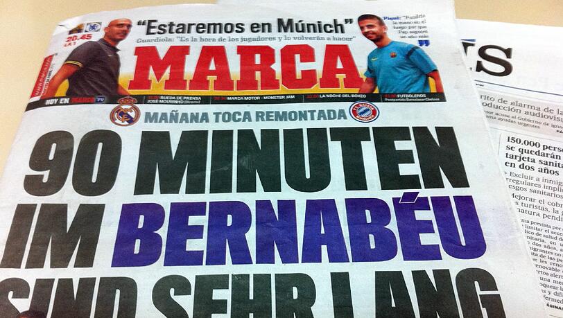 "90 Minuten sind sehr lang", titelt die spanische Sportzeitung "Marca" am Dienstag. In ihnen erhofft sich Real Madrid, die 2:1-Niederlage gegen den FC Bayern vom Hinspiel wettzumachen - und ins Champions League-Finale einzuziehen. "90 Minuten sind sehr lang", titelt die spanische Sportzeitung "Marca" am Dienstag. In ihnen erhofft sich Real Madrid, die 2:1-Niederlage gegen den FC Bayern vom Hinspiel wettzumachen - und ins Champions League-Finale einzuziehen.