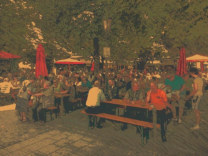 Ein Comic, so bunt wie das Leben: Schnappschuss des Biergartens auf dem Viktualienmarkt.
