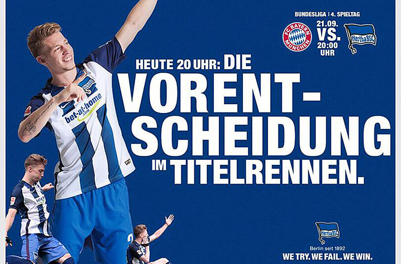 So bewirbt Hertha BSC das Topspiel gegen den FC Bayern.