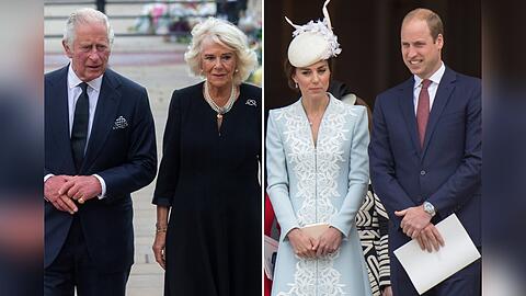 König Charles und Königin Camilla (l.) sowie Prinzessin Kate und Prinz William drücken nach der grausamen Tat ihr Entsetzen und ihr Mitgefühl aus.