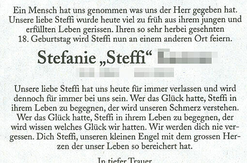 Der Gipfel im Stalking-Fall um die 17-jährige "Steffi": Der Täter schaltet eine falsche Todesanzeige in der SZ