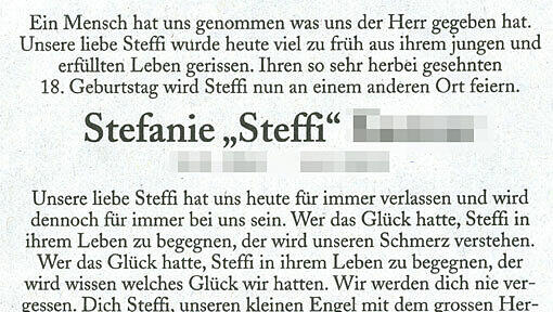 Der Gipfel im Stalking-Fall um die 17-jährige "Steffi": Der Täter schaltet eine falsche Todesanzeige in der SZ Der Gipfel im Stalking-Fall um die 17-jährige "Steffi": Der Täter schaltet eine falsche Todesanzeige in der SZ