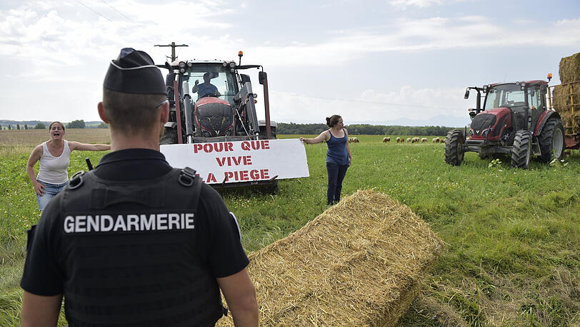 Bauern protestierten mit Heuballen am Rande der Tour der France. Die Polizei setzte Tränengas ein. Bauern protestierten mit Heuballen am Rande der Tour der France. Die Polizei setzte Tränengas ein.
