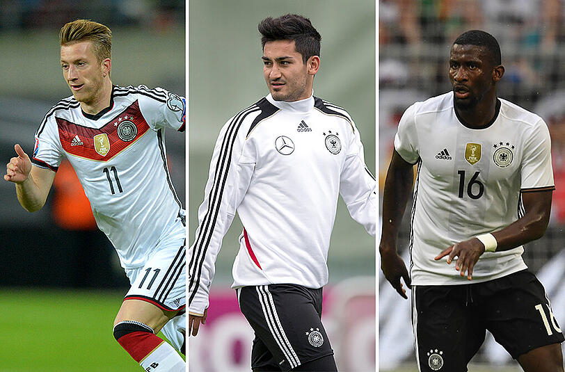 Der deutsche Kader war der jüngste dieser EM. Kehren die verletzten Marco Reus, Ilkay Gündogan und Antonio Rüdiger (v. l-r) zurück, ist die Auswahl mit Blick auf die WM 2018 dennoch groß &ndash; die zu erwartenden Rücktritte von Schweinsteiger und Podolski sind zu verkraften.