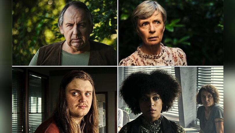 "Tatort: Mike & Nisha": Nachbarin Gerlinde Wagner (Anna Stieblich, o.r.) und Nachbar Erwin Ramthor (Wolf Bachofner, o.l.) treffen auf Polizeiassistentin Mara Hermann (Davina Chanel Fox) und Assistent Nico Langenkamp (Johannes Scheidweiler). "Tatort: Mike & Nisha": Nachbarin Gerlinde Wagner (Anna Stieblich, o.r.) und Nachbar Erwin Ramthor (Wolf Bachofner, o.l.) treffen auf Polizeiassistentin Mara Hermann (Davina Chanel Fox) und Assistent Nico Langenkamp (Johannes Scheidweiler).