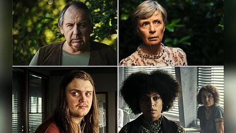 "Tatort: Mike & Nisha": Nachbarin Gerlinde Wagner (Anna Stieblich, o.r.) und Nachbar Erwin Ramthor (Wolf Bachofner, o.l.) treffen auf Polizeiassistentin Mara Hermann (Davina Chanel Fox) und Assistent Nico Langenkamp (Johannes Scheidweiler).