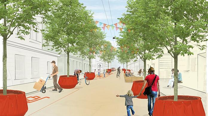 In der Kazmairstraße werden bald auf Parkplätzen Bäume in großen Pflanztrögen stehen.