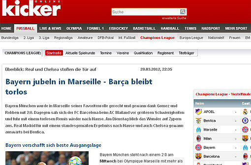 Kicker: "Bayern München wurde in Marseille seiner Favoritenrolle gerecht."