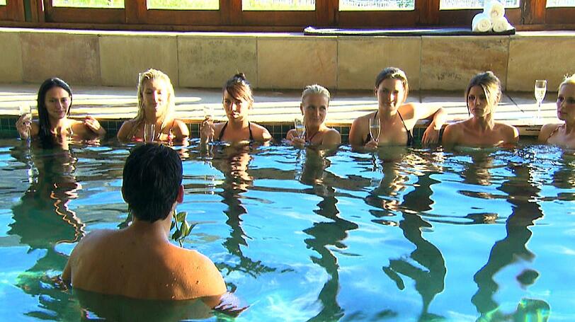 Bachelor Jan hat für eine der Ladies schon jetzt eine Rose dabei. (v.li.): Natascha, Nina, Sarah, Conny, Janine, Alissa, Mignon