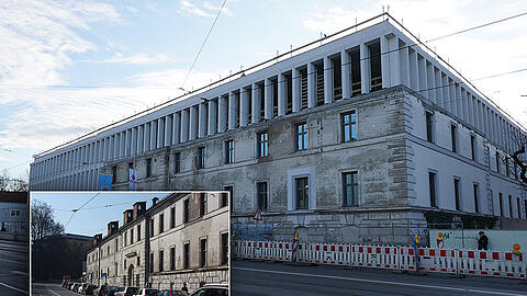 Der alte Zacherlbau (kleines Foto) war lange Zeit ungenutzt und ist über die Jahre verkommen. Der denkmalgeschützte Teil der Fassade wurde nun in den Neubau eingefasst.  (Archivbild)