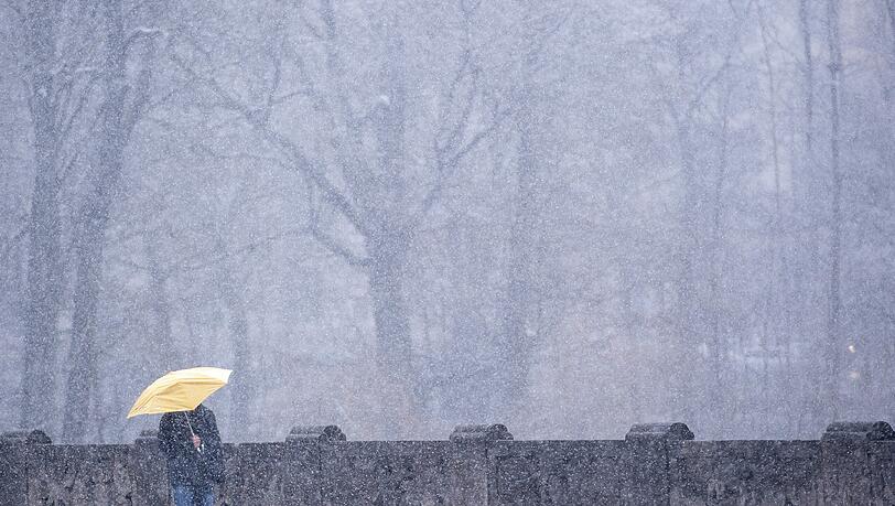 Ein Spaziergänger im winterlichen März in München. Ein Spaziergänger im winterlichen März in München.