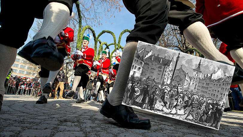 So wie hier auf dem Viktualienmarkt werden wir die Schäffler schon heuer wieder zu sehen bekommen. Der Schäfflertanz am Marienplatz im Jahr 1863 (kleines Bild).