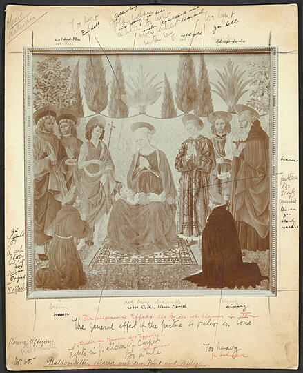 Interessant für Forscher sind auch handschriftliche Anmerkungen wie auf diesem Foto von Alesso Baldovinettis "Maria mit Kind und Heiligen".