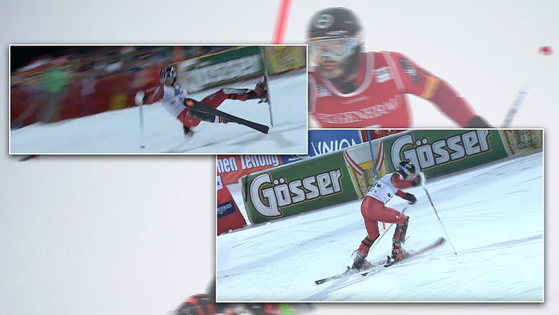 Erst der Sturz, dann die Klettereinlage: Der US-Amerikaner Robby Kelley lieferte beim Slalom in Schladming eine kuriose Show ab.