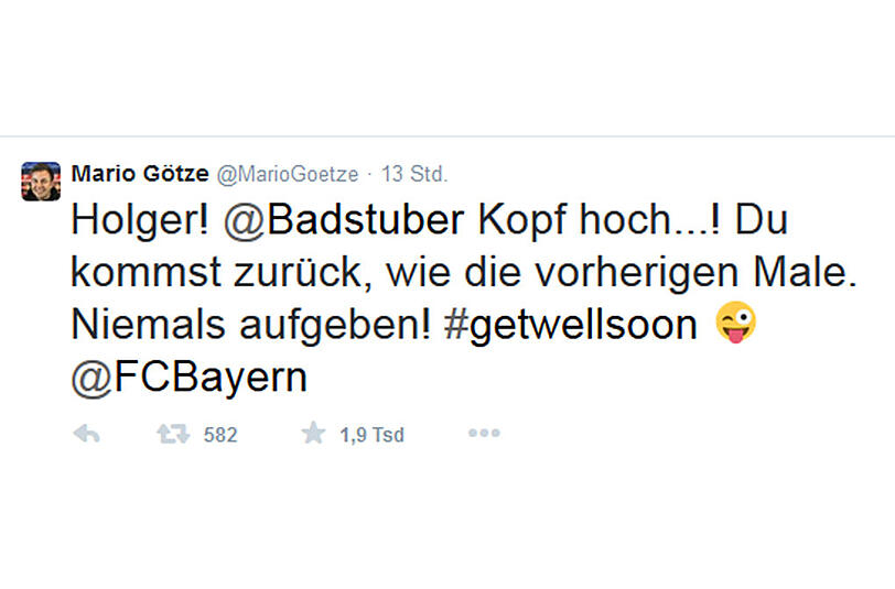 Auch Mario Götze meldet sich über Twitter zu Wort, spricht Holger Badstuber Mut zu.