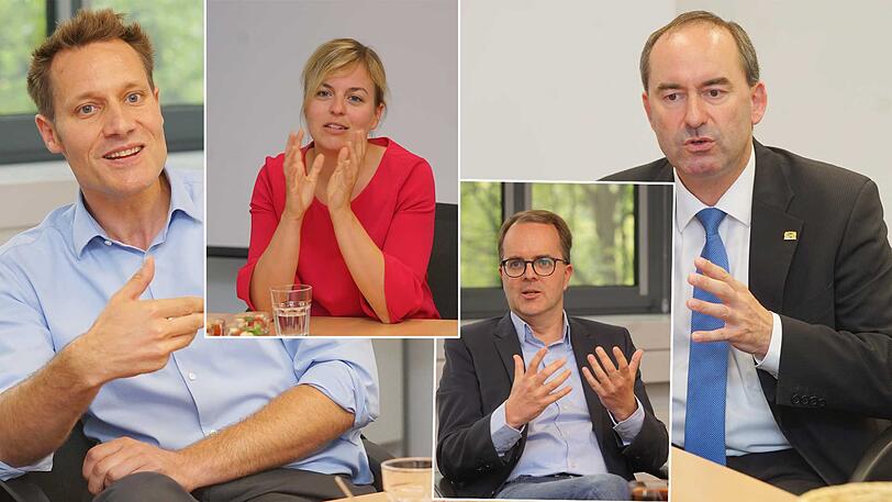 Diskutierten in der AZ: Ludwig Hartmann, Fraktionsvorsitzender der Grünen und Katharina Schulze, ebenfalls Fraktionsvorsitzende der Grünen, Markus Rinderspacher, Fraktionsvorsitzender der SPD im Landtag und der Freie-Wähler-Chef und -Fraktionsvorsitzender Hubert Aiwanger.