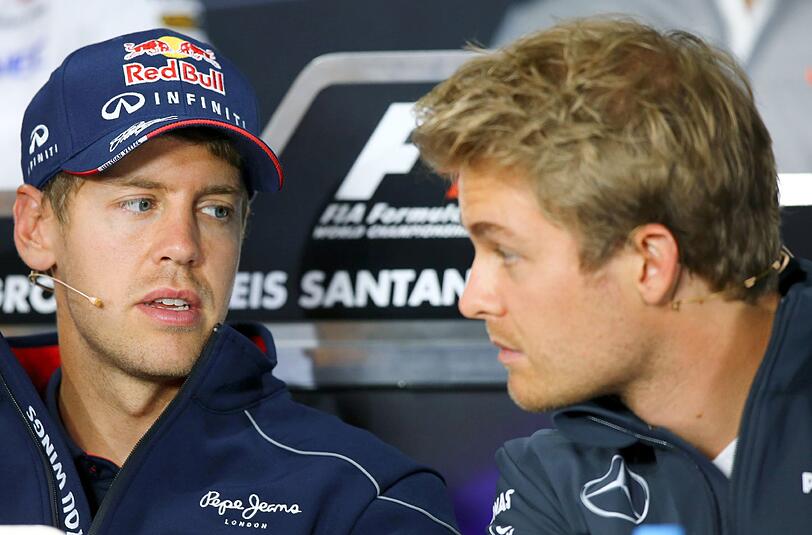 Sebastian Vettel und Nico Rosberg bei der Pressekonferenz am Nürburgring