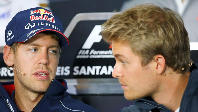 Sebastian Vettel und Nico Rosberg bei der Pressekonferenz am Nürburgring Sebastian Vettel und Nico Rosberg bei der Pressekonferenz am Nürburgring
