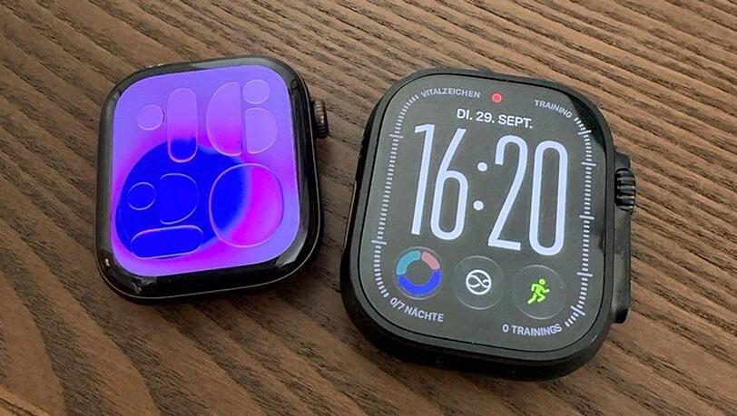 Die neue Apple Watch Series 12 (li.) und die deutliche gr&ouml;&szlig;ere Apple Watch Ultra 4.