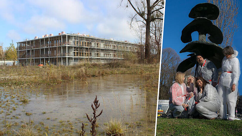 Wo die Pfütze ist, sollte eigentlich schon bald das Kulturbürgerhaus stehen. Im Hintergrund der Schulrohbau. Rechts: Eine Probe für die Kunstperformance vor dem Cosimabad. Wo die Pfütze ist, sollte eigentlich schon bald das Kulturbürgerhaus stehen. Im Hintergrund der Schulrohbau. Rechts: Eine Probe für die Kunstperformance vor dem Cosimabad.