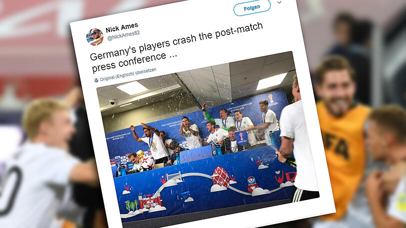 Ein ESPN-Journalist hielt die Sektdusche auf der Pressekonferenz auf Twitter fest.