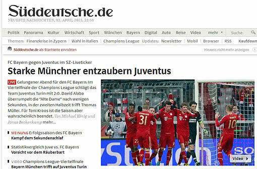So feiert die deutsche Presse den 2:0-Sieg des FC Bayern gegen Juventus Turin im Viertelfinal-Hinspiel der Champions League gegen Juventus Turin.
