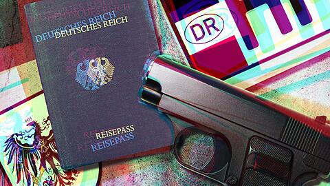 Symbole einer wirren Weltsicht: der "Pass", das Fantasie-Kennzeichen und die Waffe eines "Reichsbürgers".