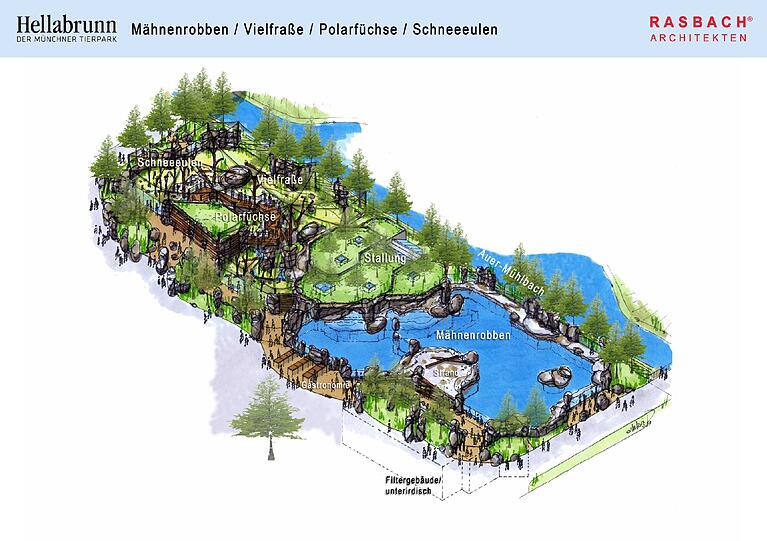 So soll das Polarium einmal aussehen: mit Gehegen für Schneeeulen, Vielfraße und Polarfüchse sowie einem großen Becken für die Mähnenrobben.