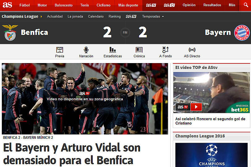 as.com (Spanien): "Bayern und Vidal sind zu viel für Benfica"