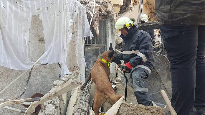 Helfer mit Hund der Katastrophenhilfseinheit Austrian Forces Disaster Relief Unit (AFDRU)im Einsatz.