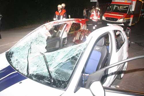 Der zerstörte Pkw nach dem Crash mit dem Pferd