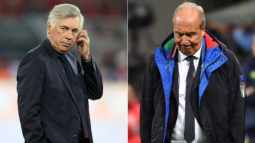 Ex-Bayern-Trainer Carlo Ancelotti (links) steht ganz oben auf der Liste möglicher Nachfolger für den geschassten italienischen Nationaltrainer Gian Piero Ventura (rechts).