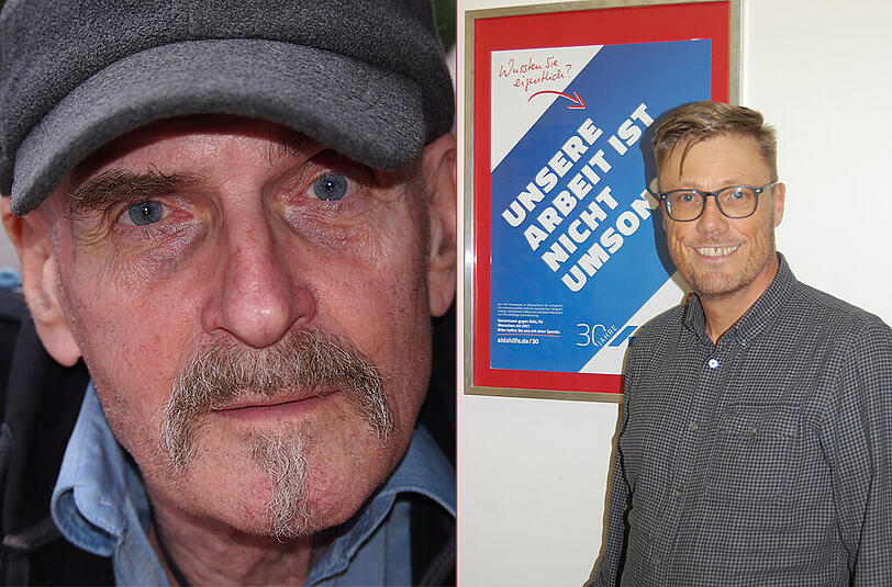 Fotograf Horst Middelhoff (l) zeigt seine Bilder im Café Regenbogen. Michael Tappe (r) ist fachlicher Leiter der Münchner Aids-Hilfe.
