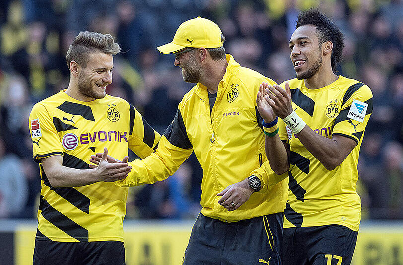 Ex-BVB-Trainer Jürgen Klopp (Mitte) mit den Dortmundern Ciro Immobile (jetzt FC Turin) und Pierre-Emerick Aubameyang.