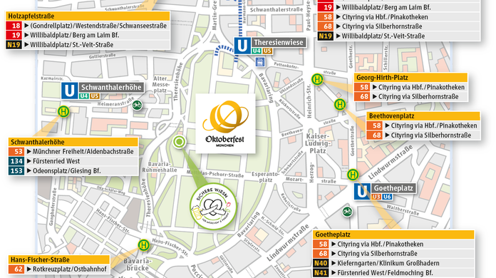 All public transport stops around Oktoberfest at a glance.