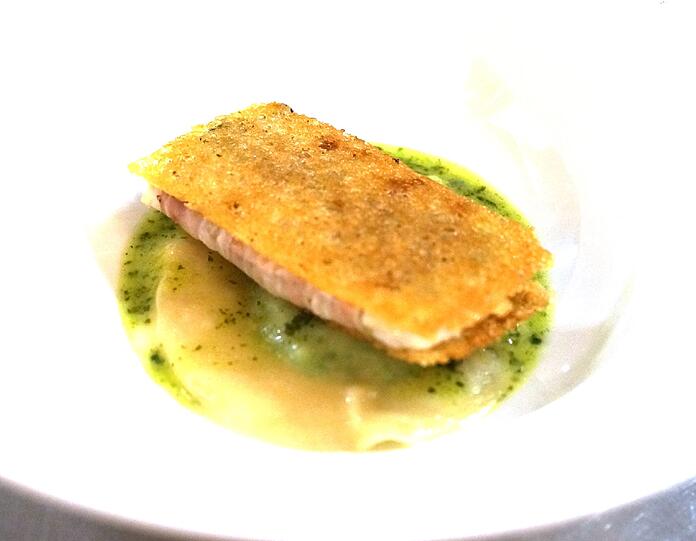 4. Gang: Meeräsche &bdquo;Aqua Pazza&ldquo; / Pancetta / Gorgonzola / Ciabatta