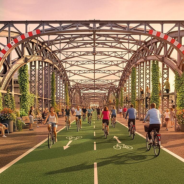 Die Vision: Die autofreie Hackerbrücke mit einer grün gefärbten Fahrbahn für Radler.