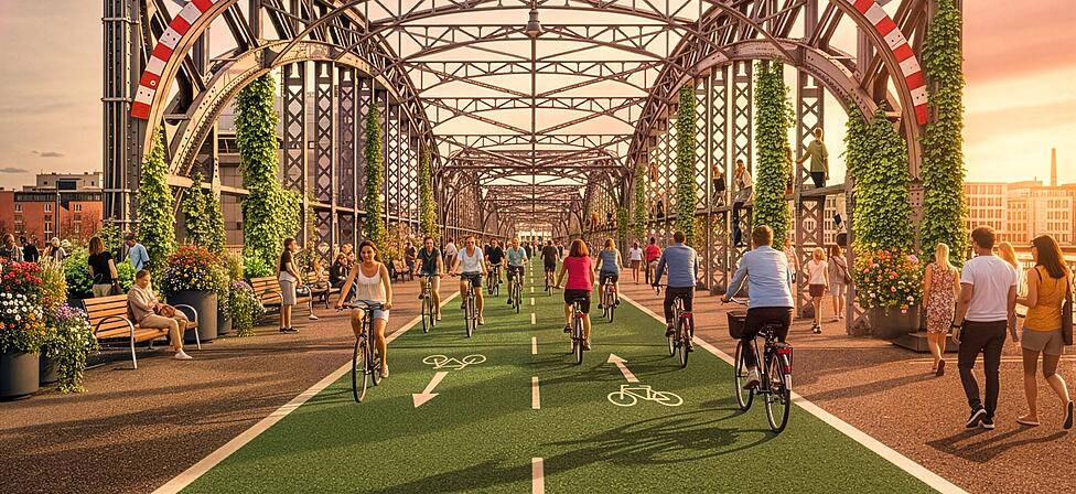 Die Vision: Die autofreie Hackerbrücke mit einer grün gefärbten Fahrbahn für Radler.