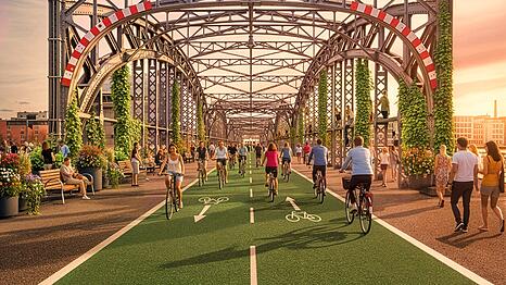 Die Vision: Die autofreie Hackerbrücke mit einer grün gefärbten Fahrbahn für Radler.
