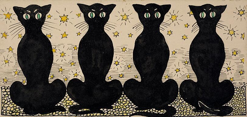 Auch im vorvorigen Jahrhundert, lange vor Facebook und Instagram, liebten die Leute schon Cat-Content: Carl Strathmanns hielt &bdquo;Vier schwarze Katzen&ldquo; um 1896 als Aquarell und mit Tusche fest.