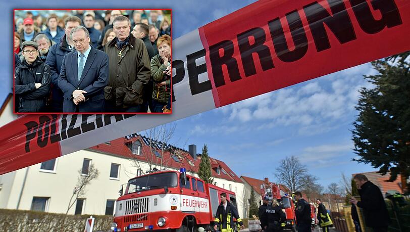 Sachsens-Anhalts Ministerpräsident Reiner Haseloff und Innenminister Holger Stahlknecht (vorn 2. u. 3.v.l.) bei einer Kundgebung mit dem Motto "Miteinander, Füreinander" am Samstag in Tröglitz. In der zukünftigen Unterkunft für Asylbewerber hatte es zuvor gebrannt. Sachsens-Anhalts Ministerpräsident Reiner Haseloff und Innenminister Holger Stahlknecht (vorn 2. u. 3.v.l.) bei einer Kundgebung mit dem Motto "Miteinander, Füreinander" am Samstag in Tröglitz. In der zukünftigen Unterkunft für Asylbewerber hatte es zuvor gebrannt.