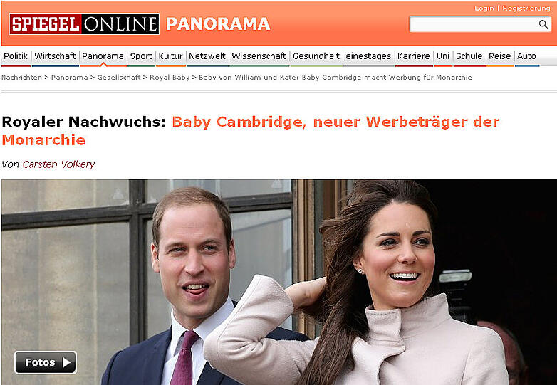 "Spiegel Online" fragt sich, wie das Baby das angestaubte Image der britischen Königsfamilie wieder aufpolieren kann und schreibt: "Royaler Nachwuchs: Baby Cambridge, neuer Werbeträger der Monarchie".