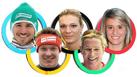 Fünf deutsche Stars in den fünf olympischen Ringen: Felix Neureuther, Maria Höfl-Riesch, Natalie Geisenberger (obere Reihe, v.l.), Felix Loch und Claudia Pechstein (unten, v.l.).
