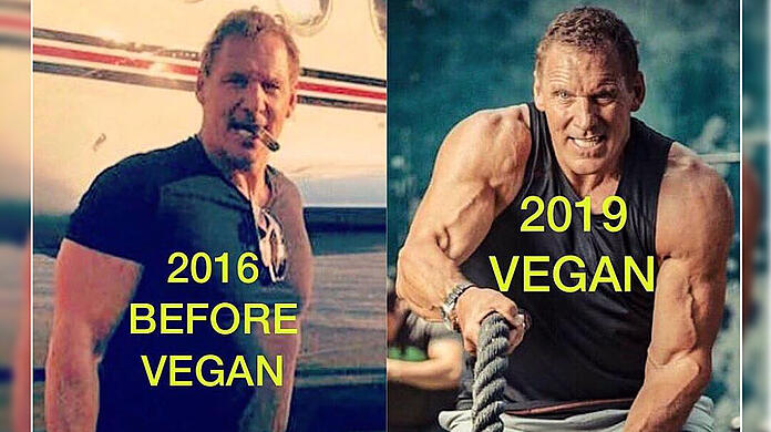 Das Vorher-Nachher-Bild sorgt für Überraschung: Ralf Moeller lebt seit etwa drei Jahren vegan und fühlt sich viel besser. Das sieht man.