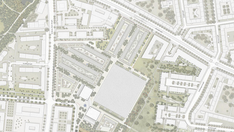 Der Masterplan: Um die Halle entstehen sechs weitere Gebäude. Der Masterplan: Um die Halle entstehen sechs weitere Gebäude.