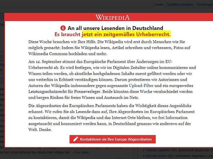 Vorschalt-Seite der freien Internet-Enzyklopädie Wikipedia, auf der zum Protest gegen die geplante Reform des europäischen Urheberrechts aufgerufen wird.