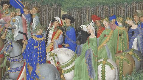 Maiausflug der noblen Art: Die Hofgesellschaft des Herzogs von Berry reitet aus - in Damenbegleitung.